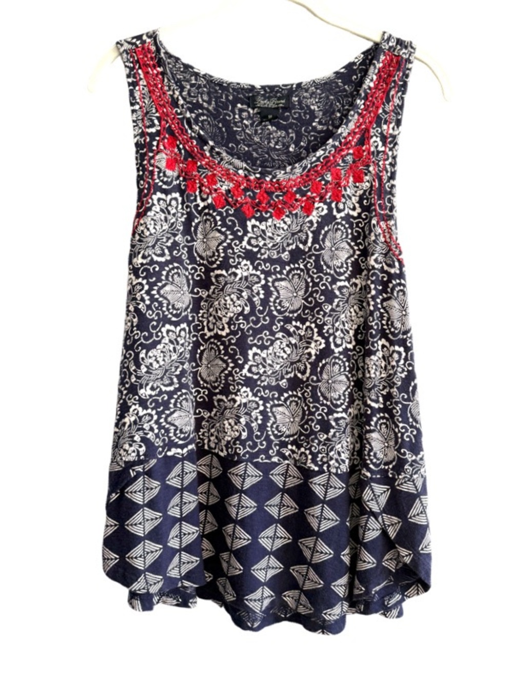 Lucky Brand Embroidered Sleeveless Blouse Navy Blue Red White Size M